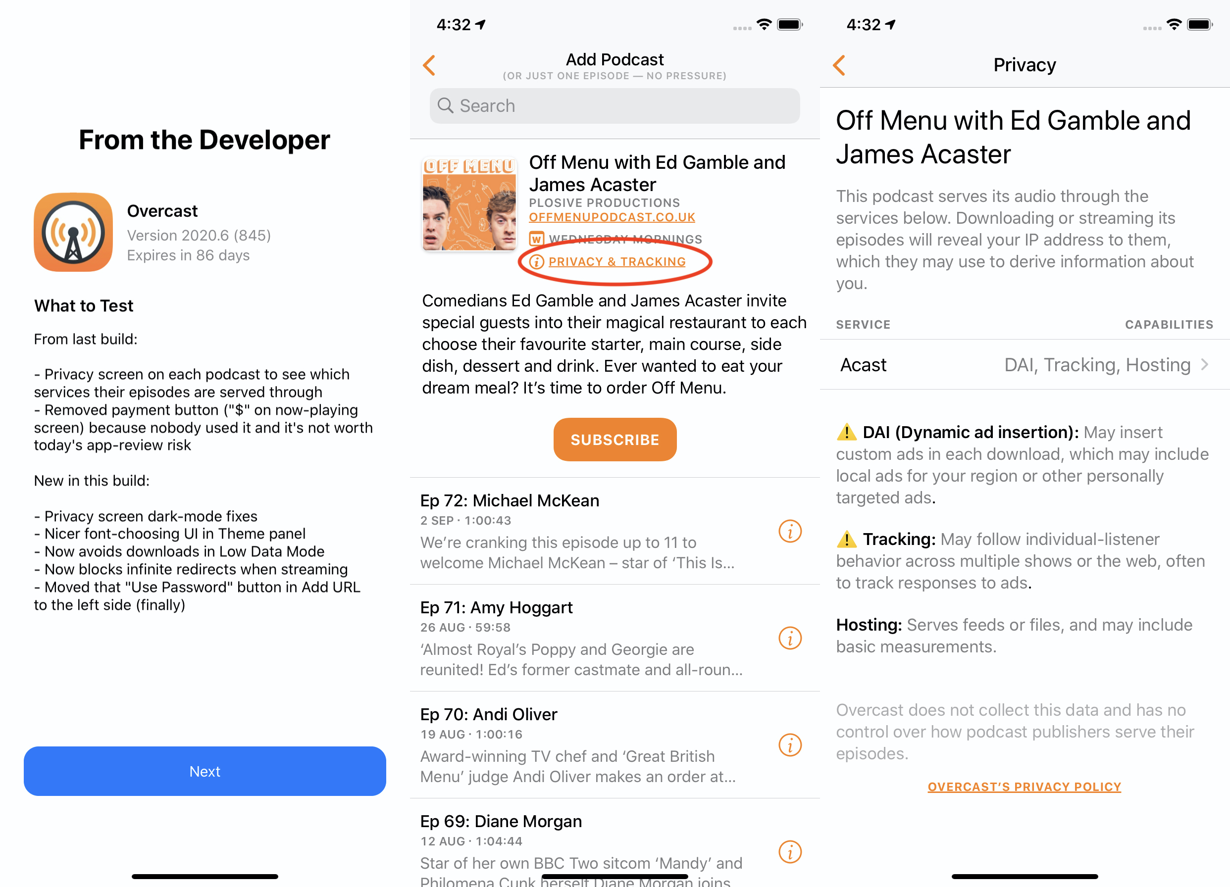 Overcast’s beta update show which podcasts are tracking you