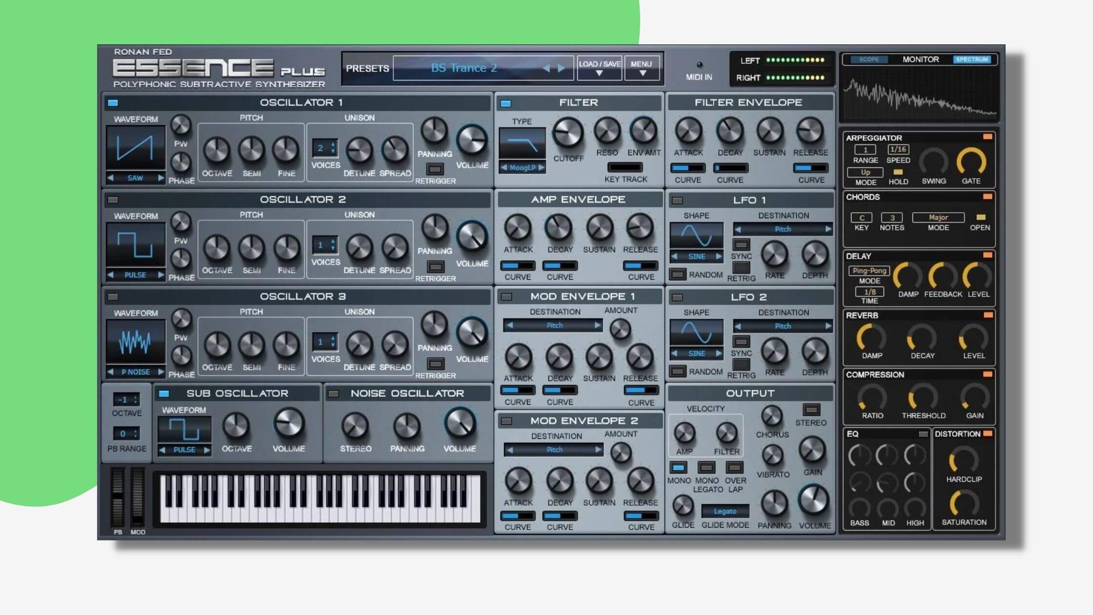 Essence Plus is a freeware subtractive soft synth by Ronan Fed – 5 oscillators, a filter, modulation & effects for emotive sound