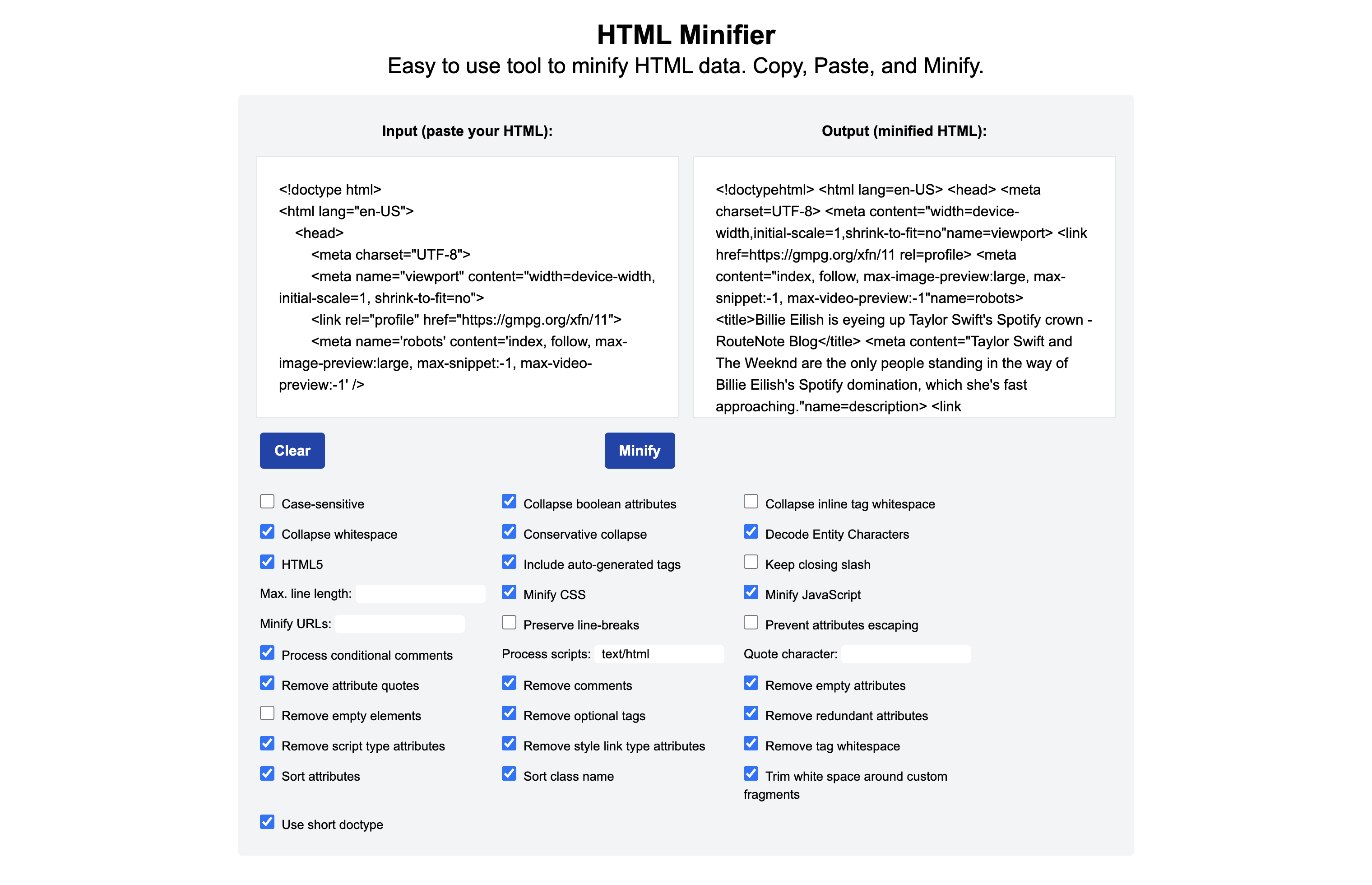 RouteNote Convert – Free online HTML, CSS and JS minifiers